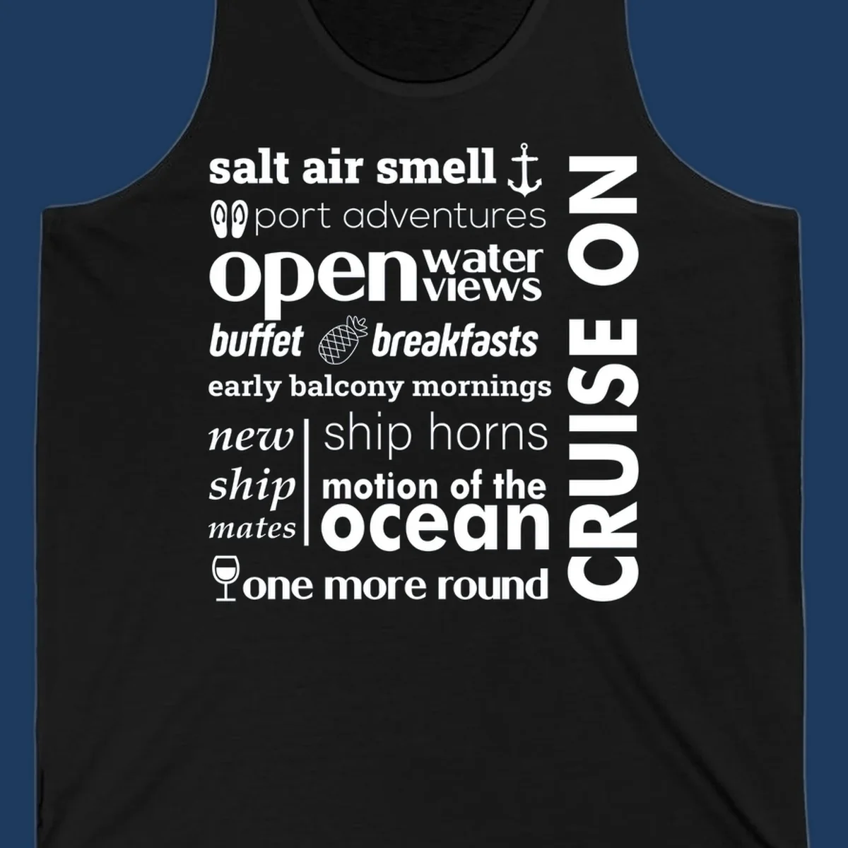 Cruise vibes word cloud with nautical icons featuring phrases like salt air, port adventures, and motion of the ocean on gray background
