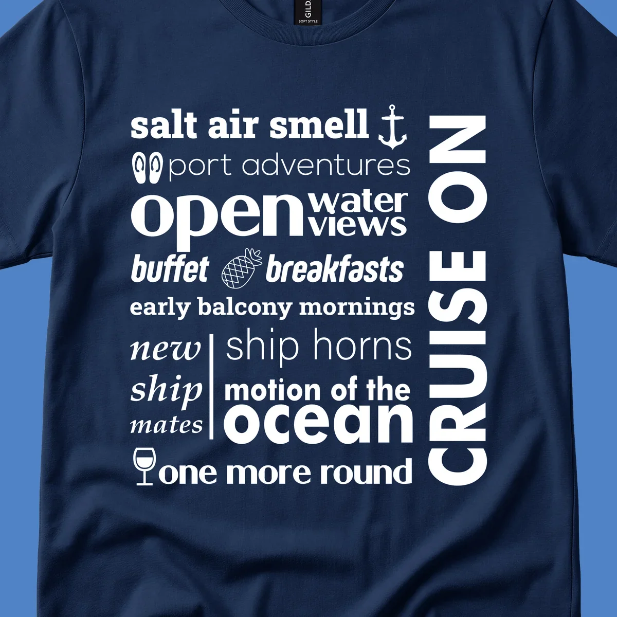 Cruise vibes word cloud with nautical icons featuring phrases like salt air, port adventures, and motion of the ocean on gray background