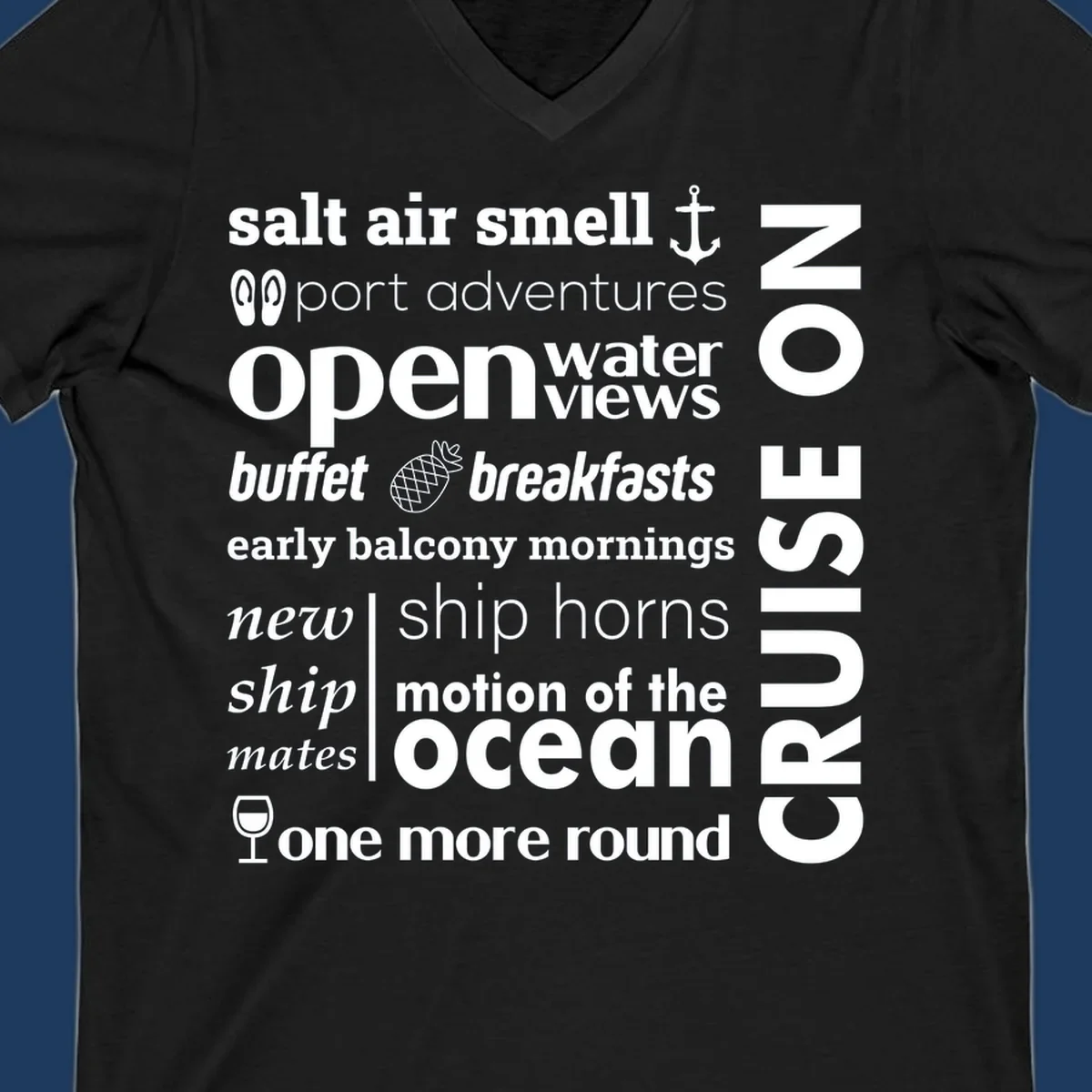 Cruise vibes word cloud with nautical icons featuring phrases like salt air, port adventures, and motion of the ocean on gray background
