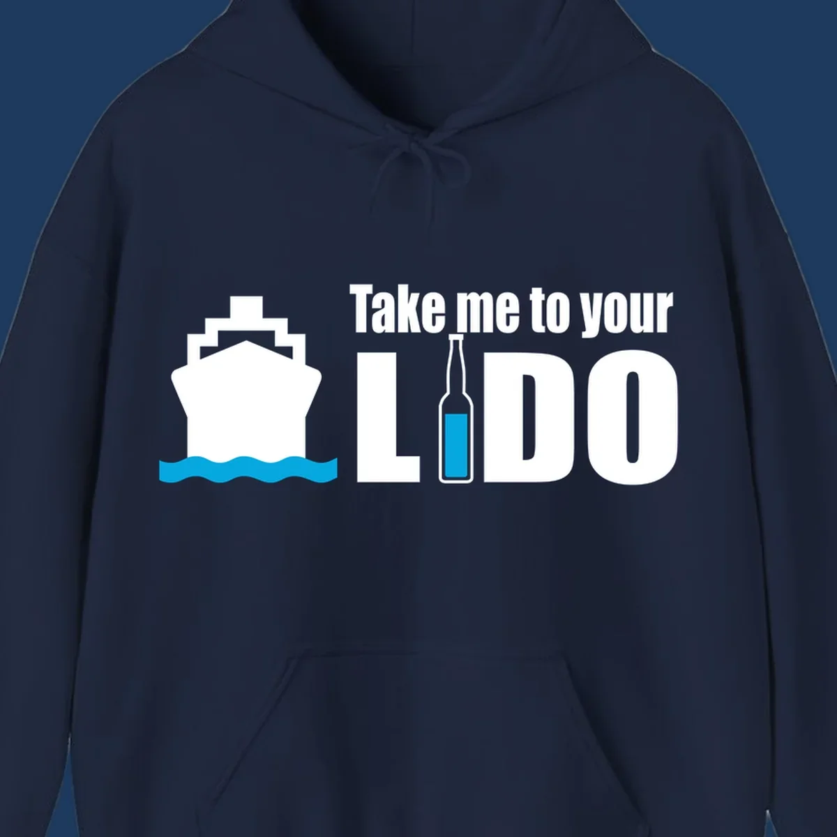 Cruise ship with ocean waves and beer bottle illustration with text 'Take me to your LIDO' - a humorous nautical design