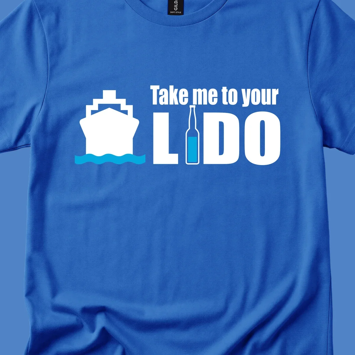 Cruise ship with ocean waves and beer bottle illustration with text 'Take me to your LIDO' - a humorous nautical design