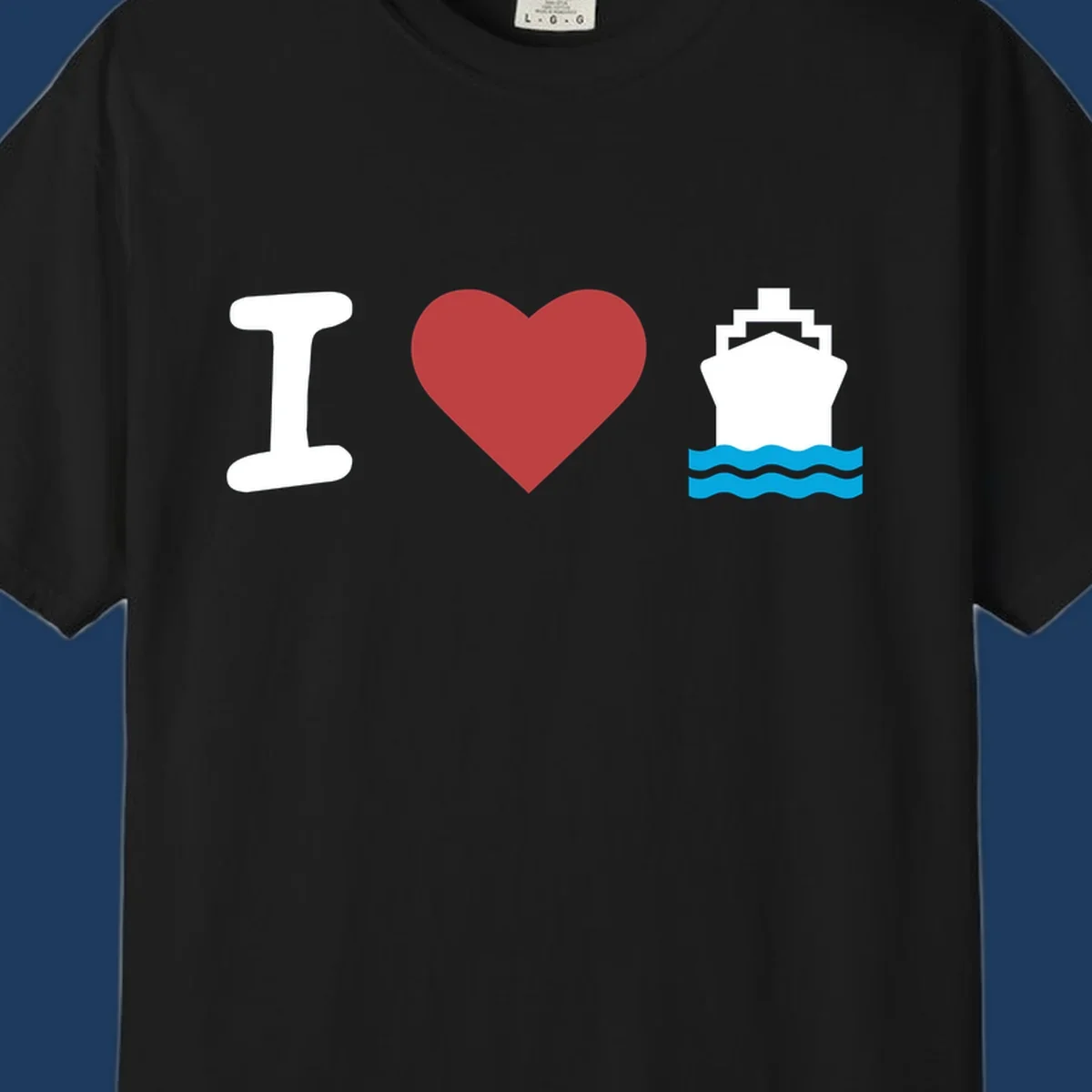 I love cruise ships design featuring a red heart between a white I and white cruise ship with blue waves