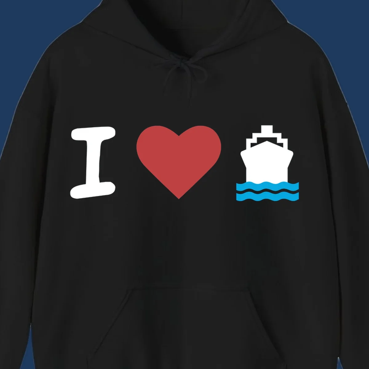 I love cruise ships design featuring a red heart between a white I and white cruise ship with blue waves