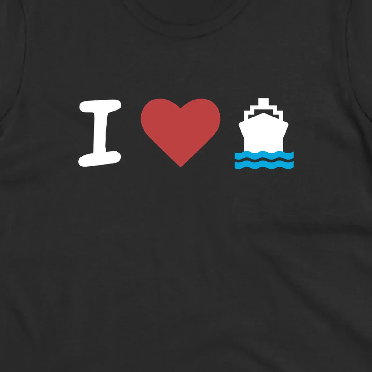 I love cruise ships design featuring a red heart between a white I and white cruise ship with blue waves