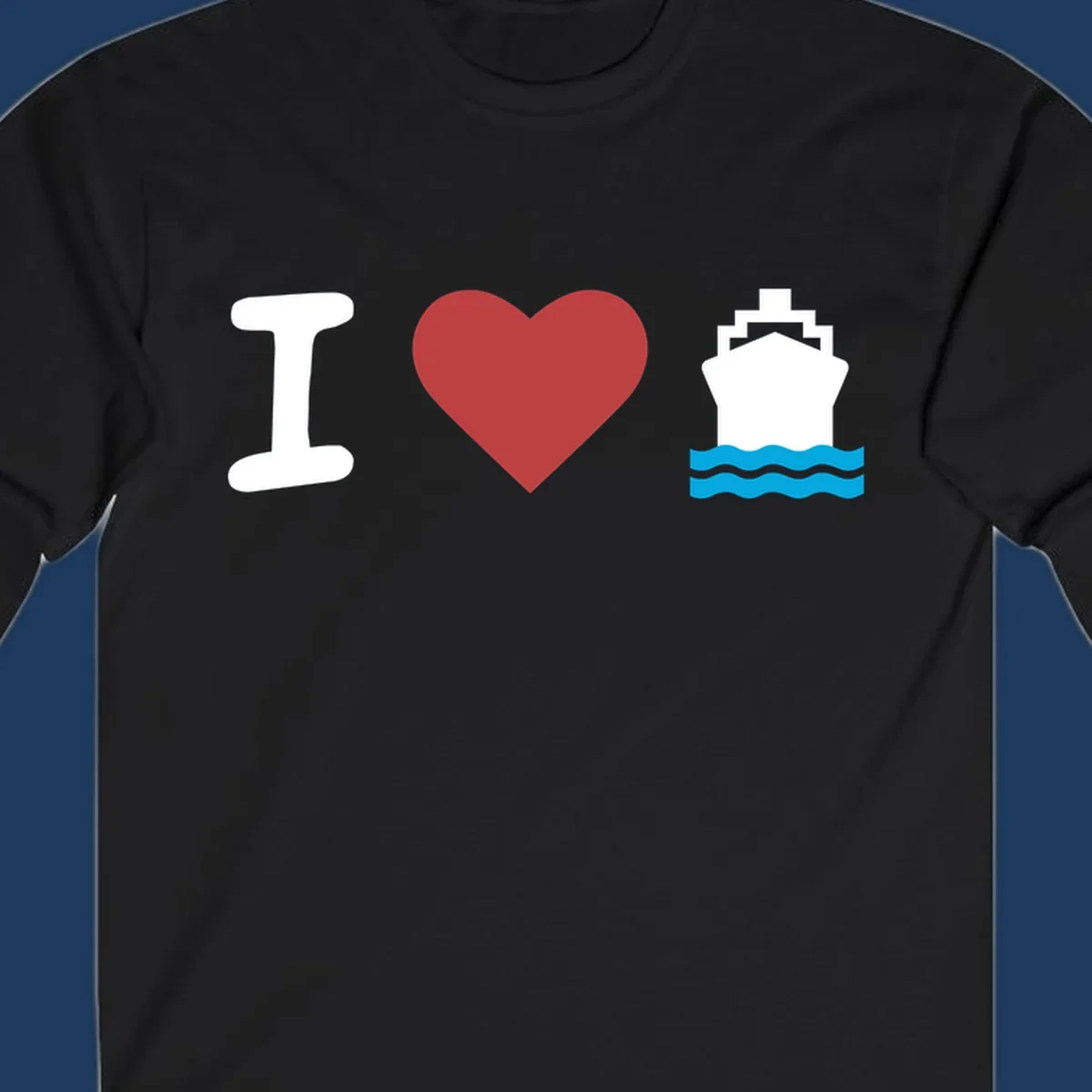 I love cruise ships design featuring a red heart between a white I and white cruise ship with blue waves