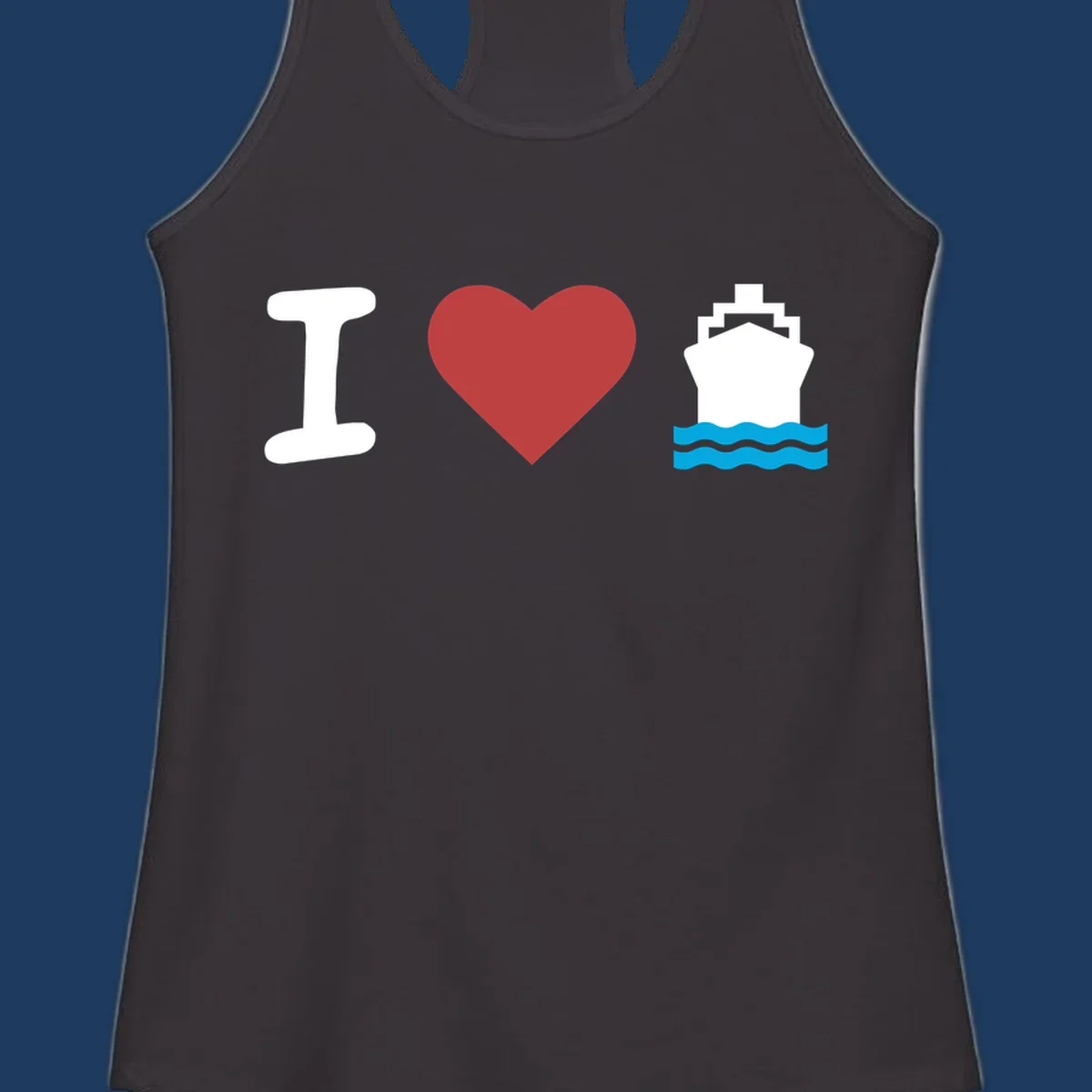 I love cruise ships design featuring a red heart between a white I and white cruise ship with blue waves