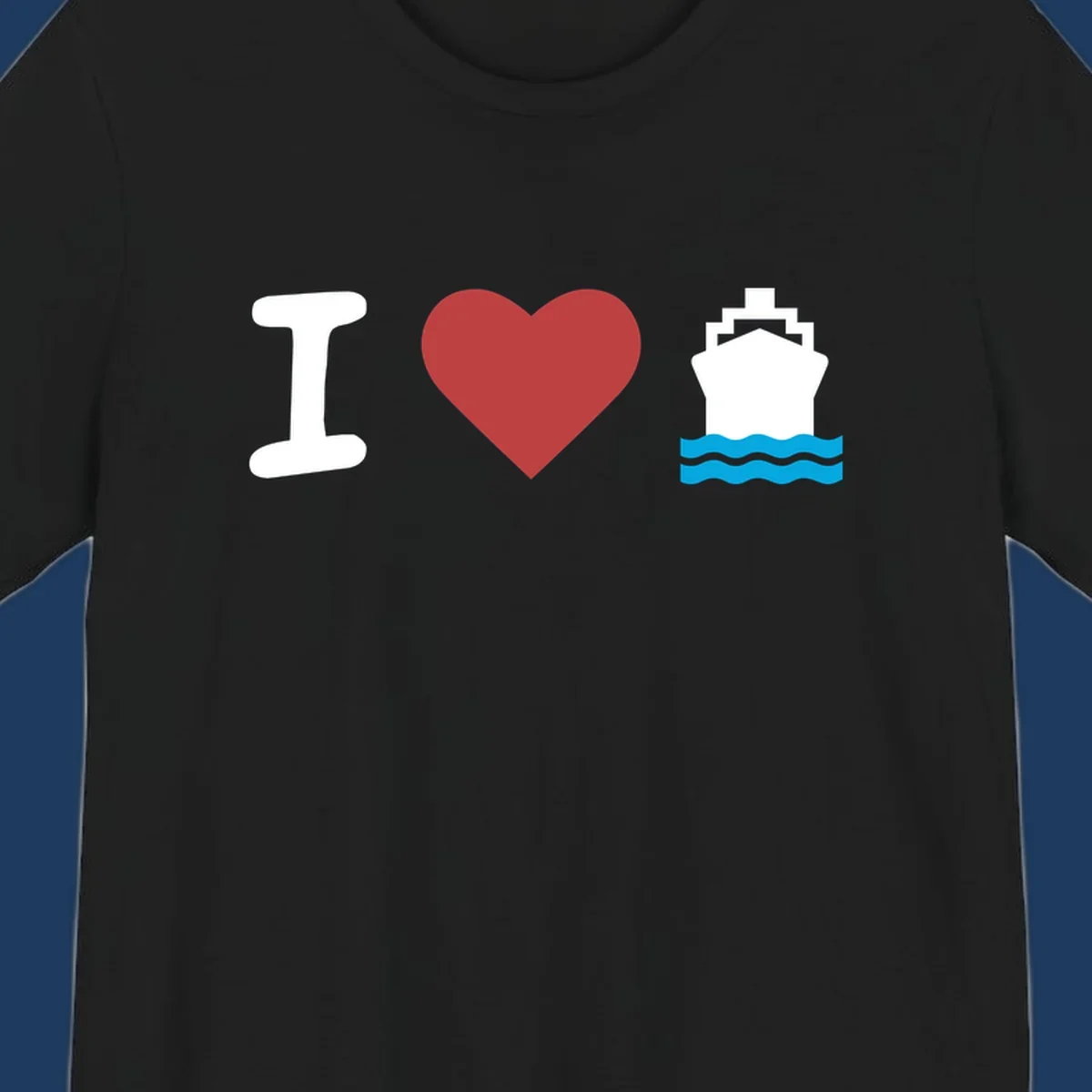 I love cruise ships design featuring a red heart between a white I and white cruise ship with blue waves