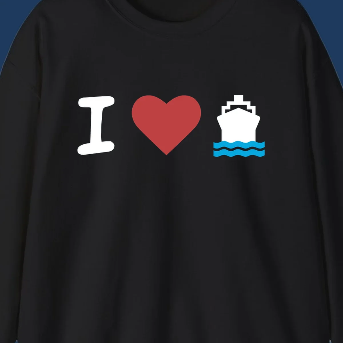 I love cruise ships design featuring a red heart between a white I and white cruise ship with blue waves