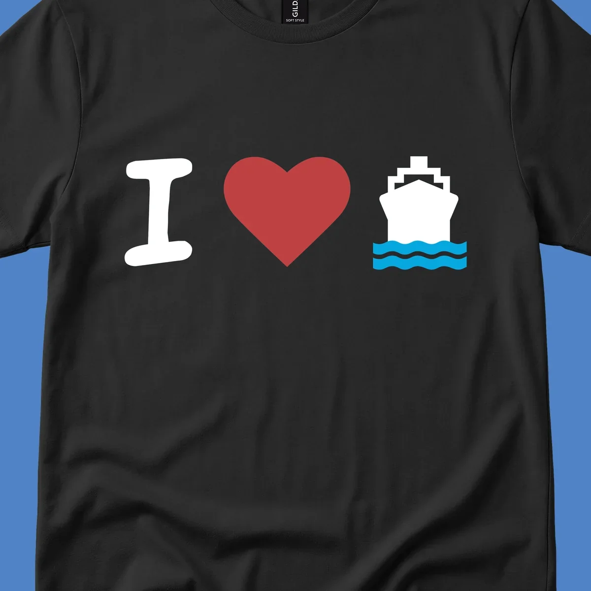 I love cruise ships design featuring a red heart between a white I and white cruise ship with blue waves