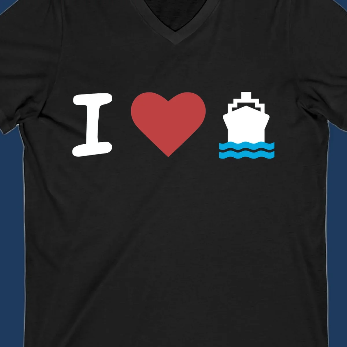 I love cruise ships design featuring a red heart between a white I and white cruise ship with blue waves
