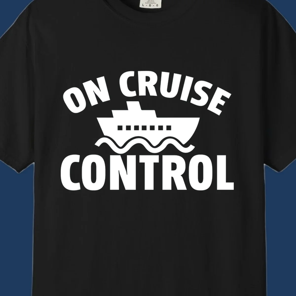On Cruise Control design: white cruise ship with portholes centered between text, wavy ocean lines below on gray background