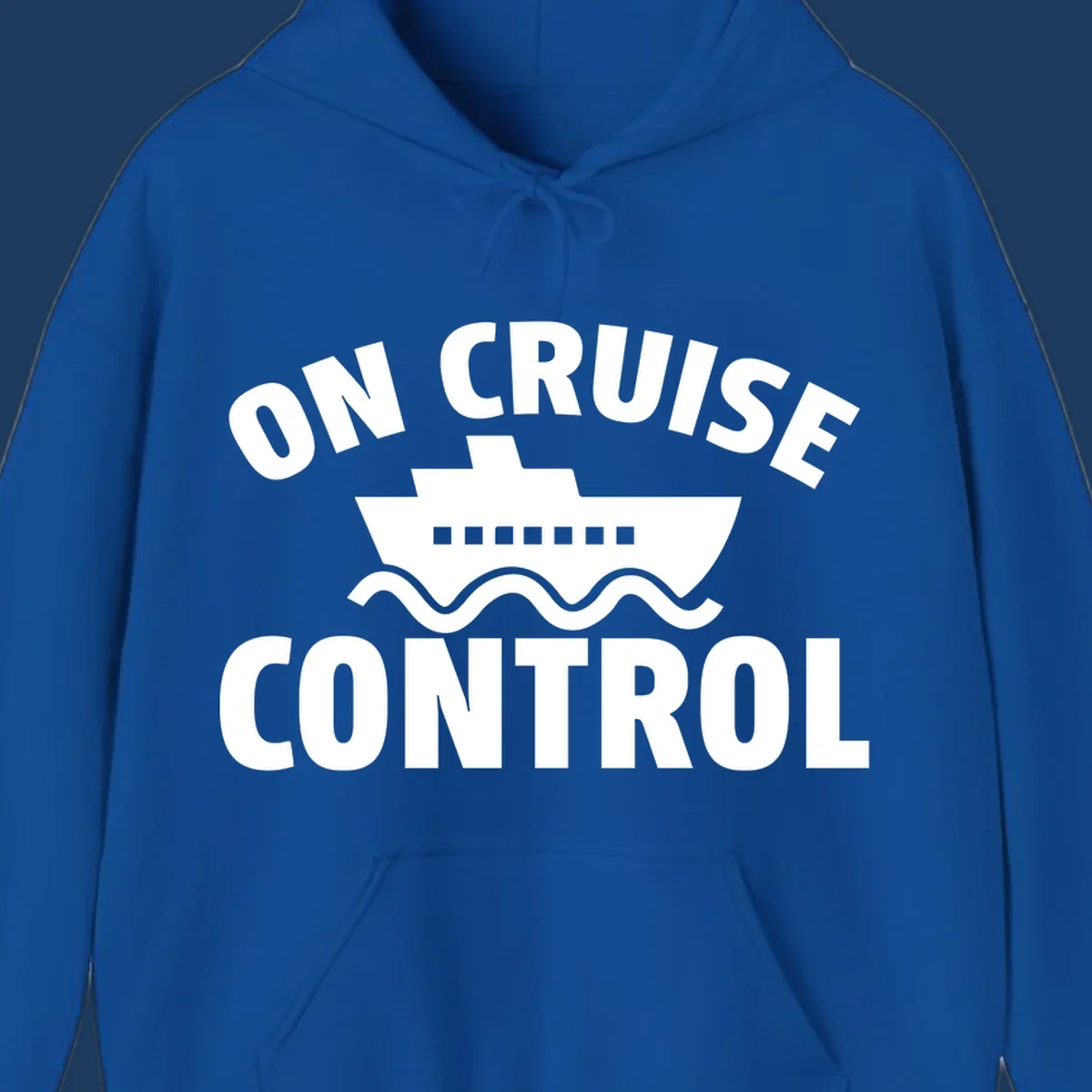 On Cruise Control design: white cruise ship with portholes centered between text, wavy ocean lines below on gray background