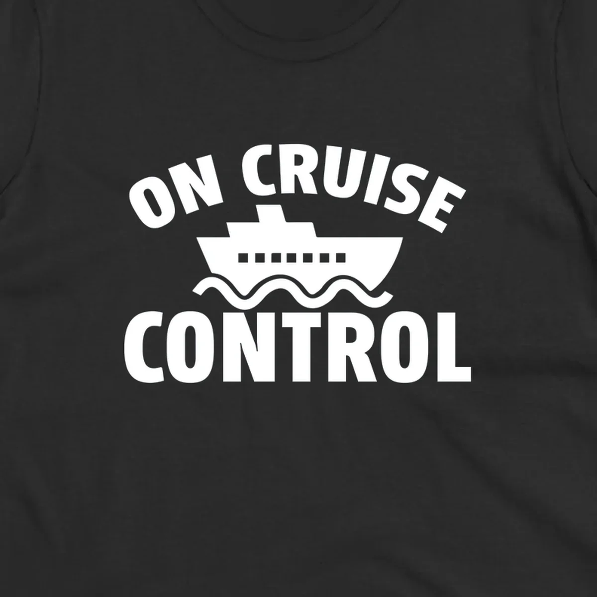 On Cruise Control design: white cruise ship with portholes centered between text, wavy ocean lines below on gray background