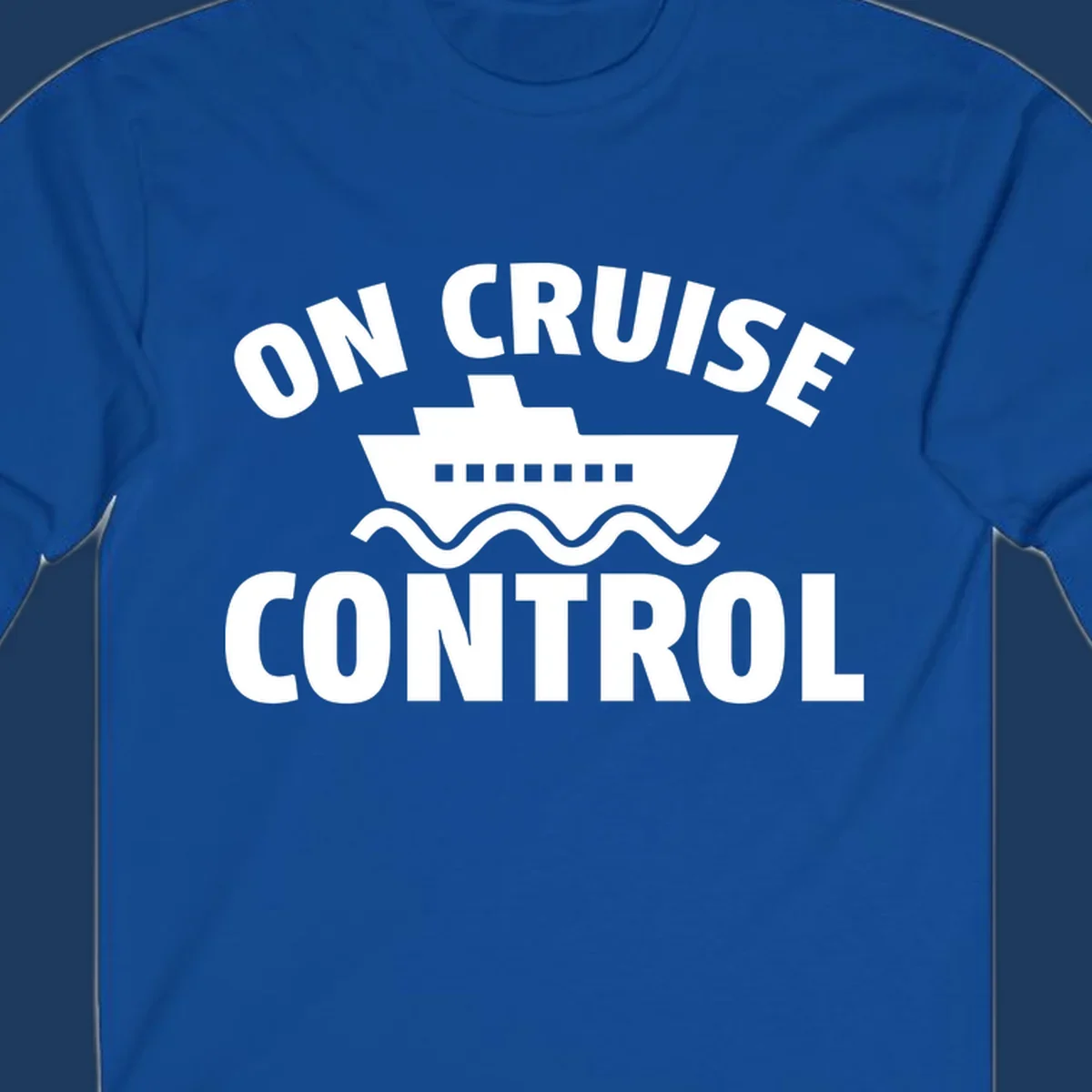 On Cruise Control design: white cruise ship with portholes centered between text, wavy ocean lines below on gray background