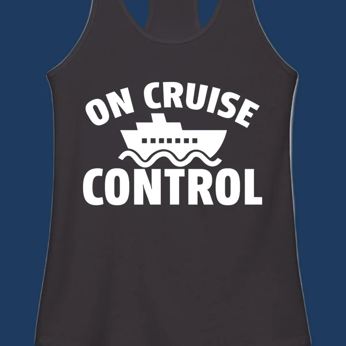 On Cruise Control design: white cruise ship with portholes centered between text, wavy ocean lines below on gray background