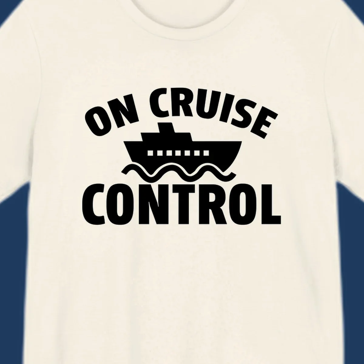 On Cruise Control design: white cruise ship with portholes centered between text, wavy ocean lines below on gray background