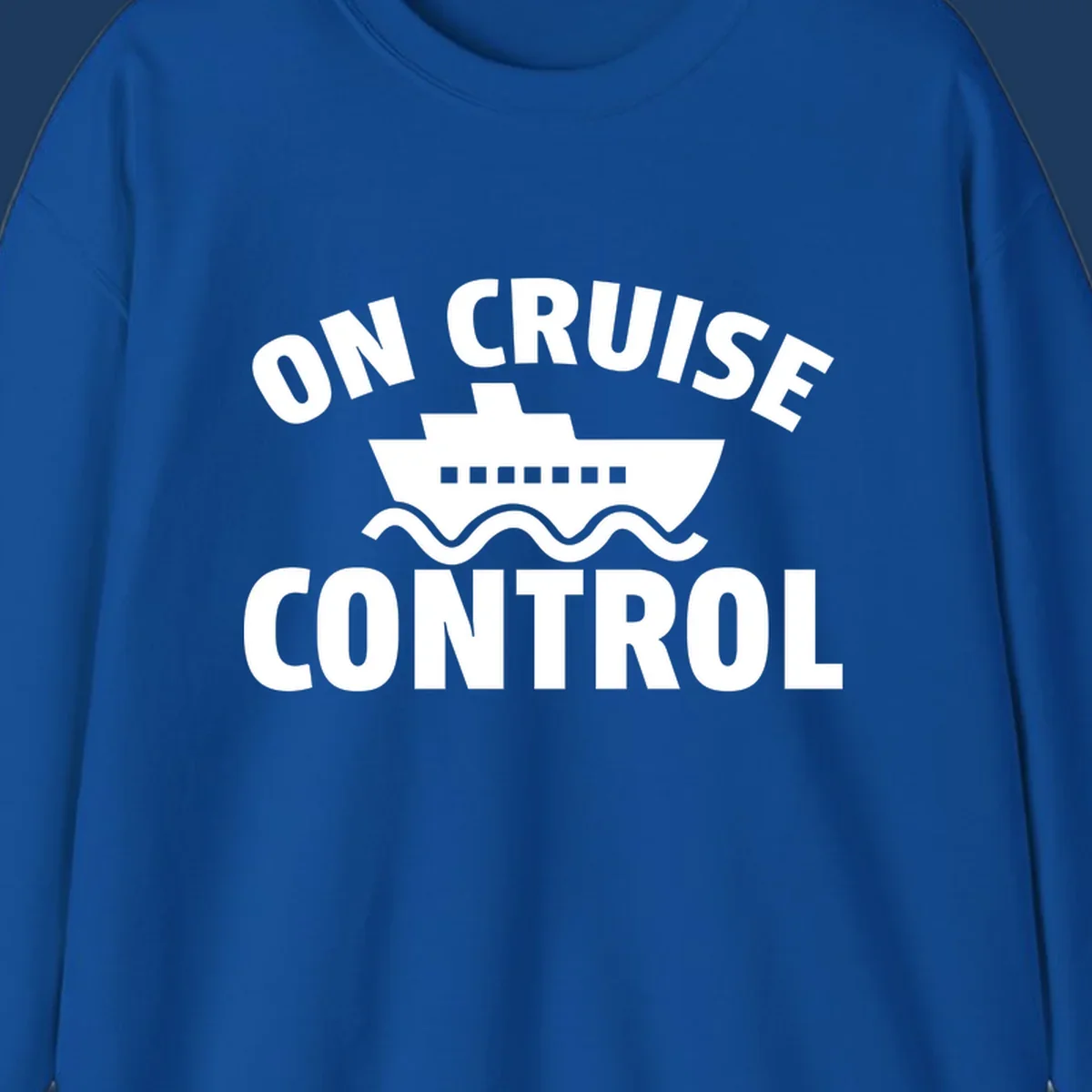 On Cruise Control design: white cruise ship with portholes centered between text, wavy ocean lines below on gray background