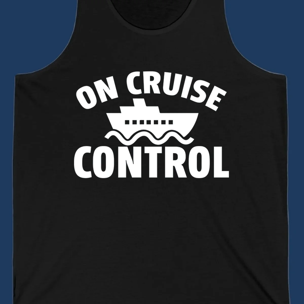 On Cruise Control design: white cruise ship with portholes centered between text, wavy ocean lines below on gray background