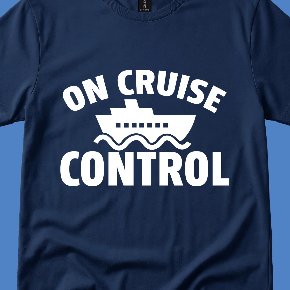 On Cruise Control design: white cruise ship with portholes centered between text, wavy ocean lines below on gray background