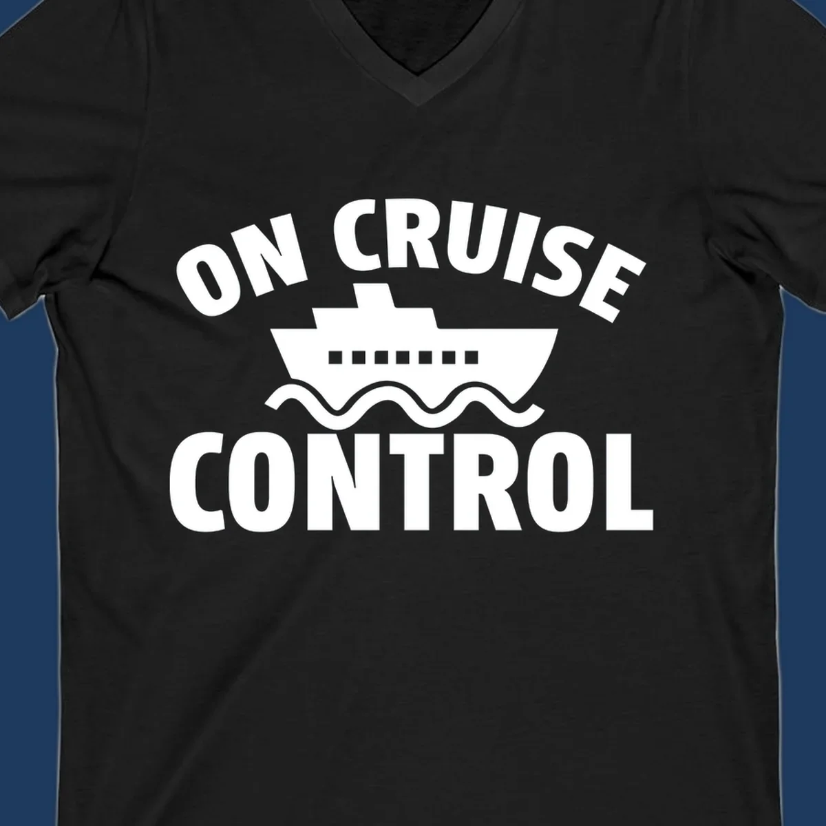 On Cruise Control design: white cruise ship with portholes centered between text, wavy ocean lines below on gray background