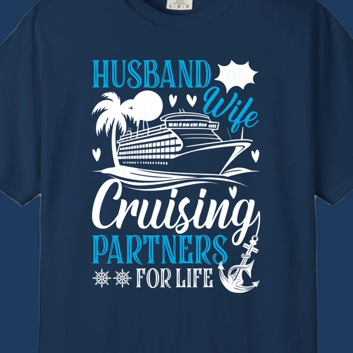 Husband and wife cruise partners design with ship, palm tree, anchor and hearts celebrating couples' cruise vacations