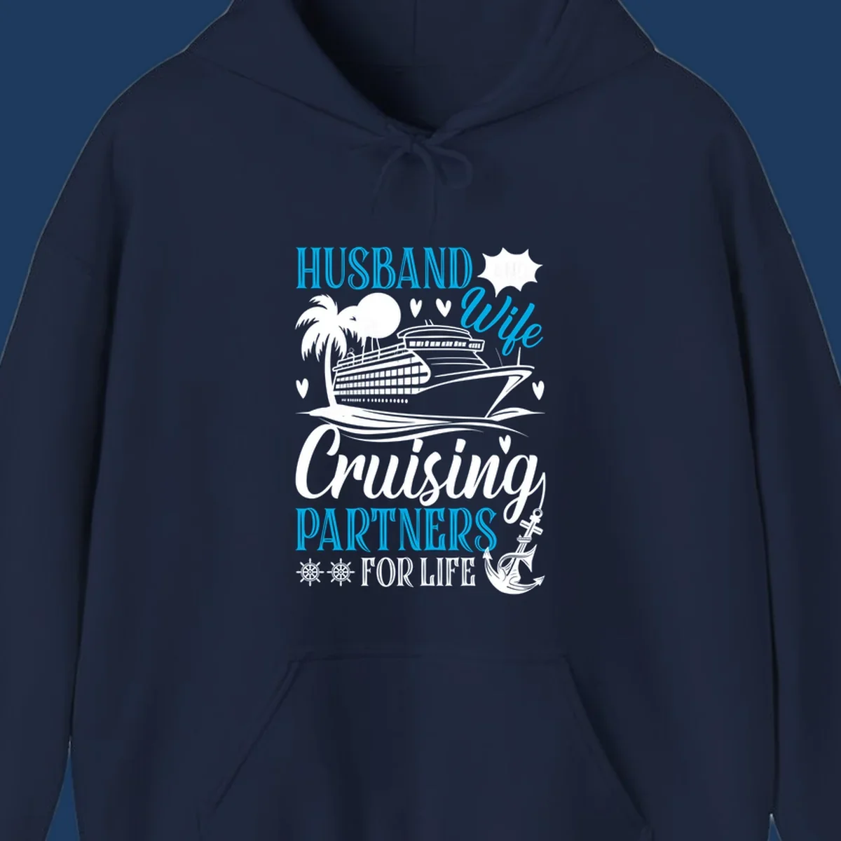 Husband and wife cruise partners design with ship, palm tree, anchor and hearts celebrating couples' cruise vacations