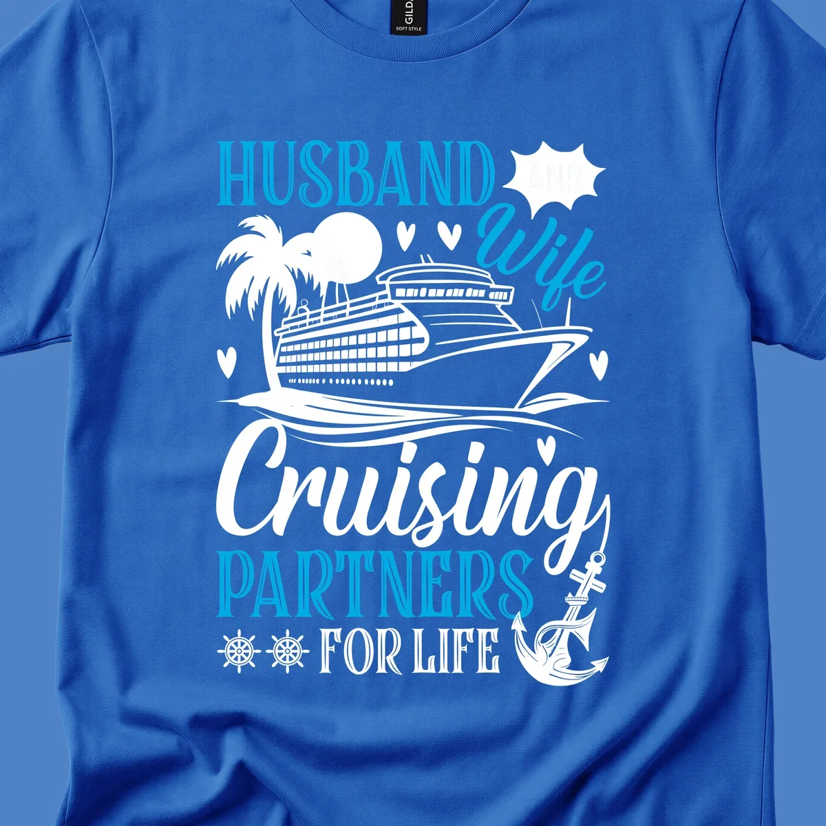 Husband and wife cruise partners design with ship, palm tree, anchor and hearts celebrating couples' cruise vacations
