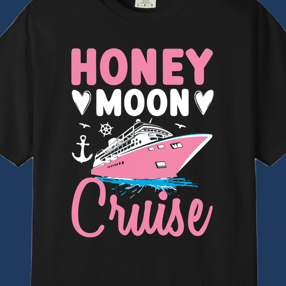 Honeymoon cruise ship design with pink vessel, nautical elements, hearts, and 'HONEY MOON CRUISE' text on gray background