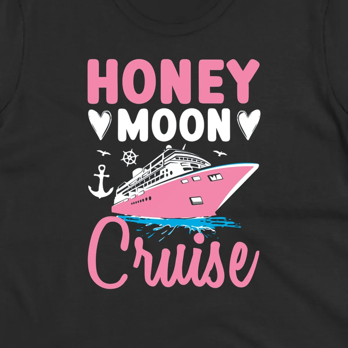 Honeymoon cruise ship design with pink vessel, nautical elements, hearts, and 'HONEY MOON CRUISE' text on gray background