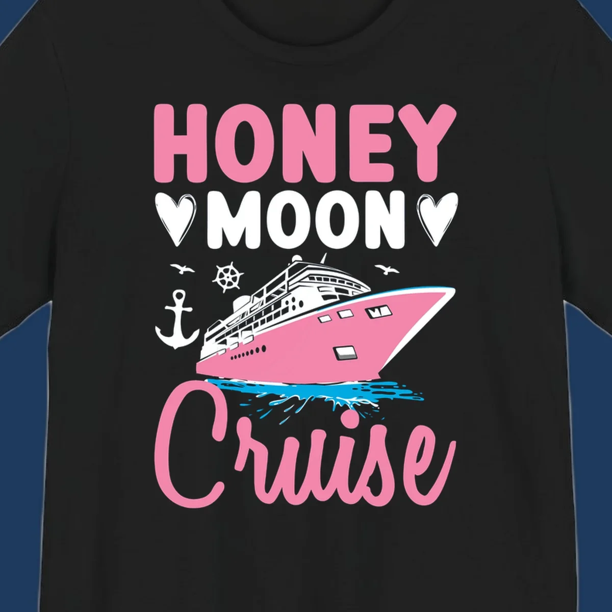 Honeymoon cruise ship design with pink vessel, nautical elements, hearts, and 'HONEY MOON CRUISE' text on gray background