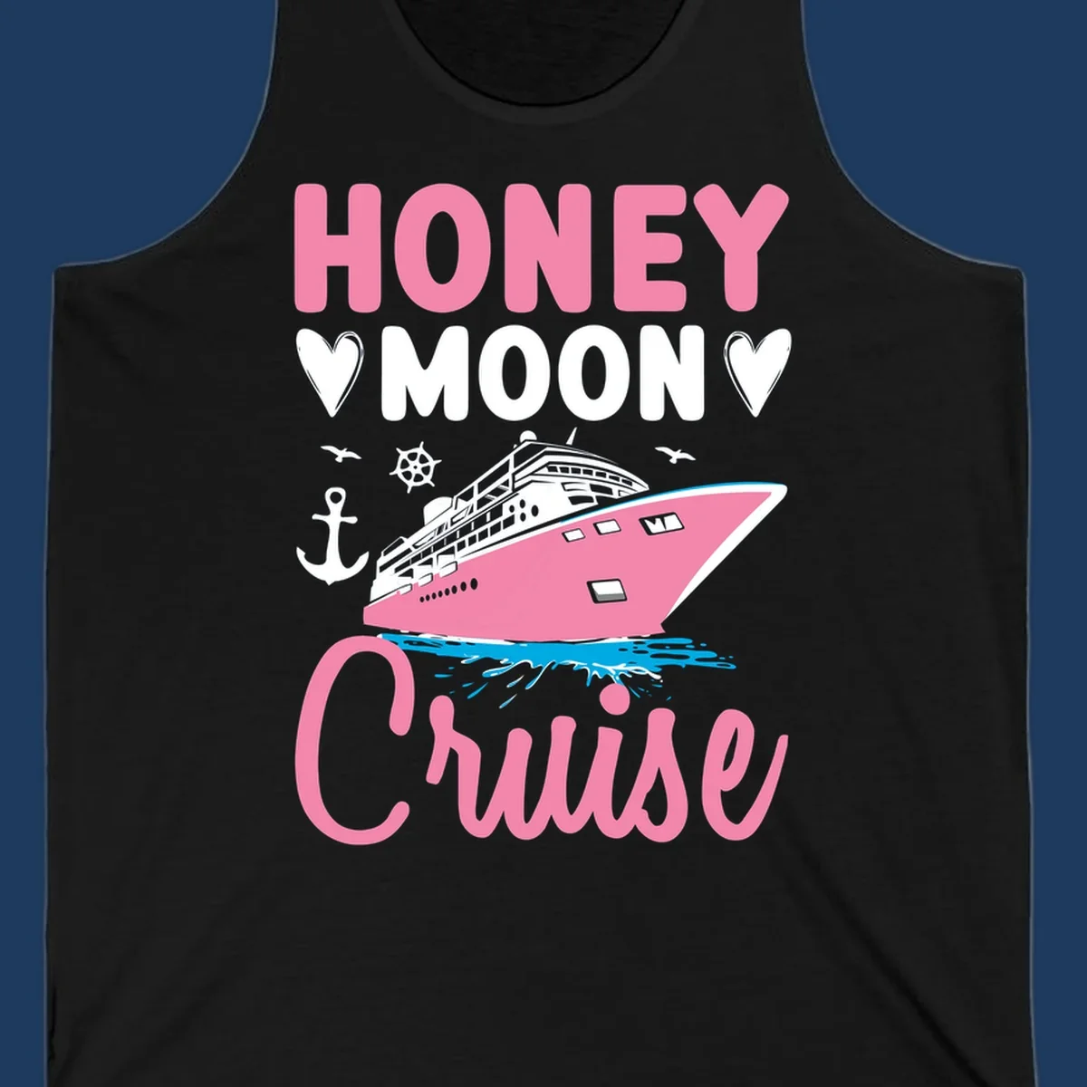 Honeymoon cruise ship design with pink vessel, nautical elements, hearts, and 'HONEY MOON CRUISE' text on gray background