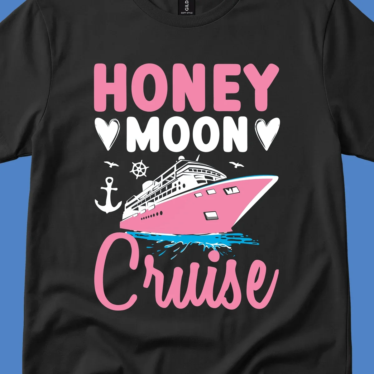 Honeymoon cruise ship design with pink vessel, nautical elements, hearts, and 'HONEY MOON CRUISE' text on gray background