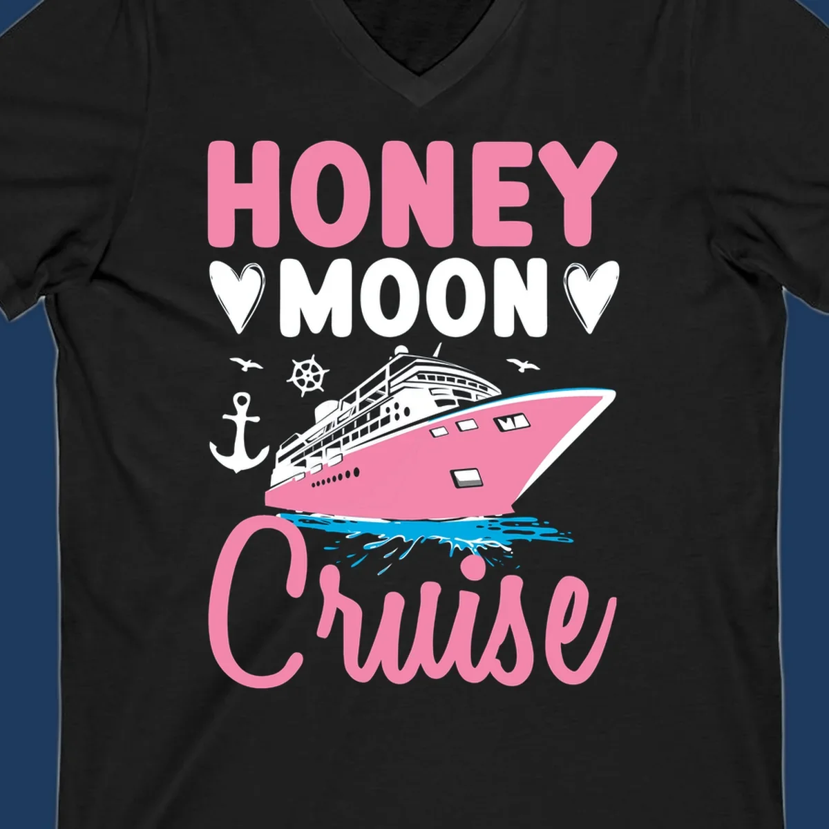Honeymoon cruise ship design with pink vessel, nautical elements, hearts, and 'HONEY MOON CRUISE' text on gray background