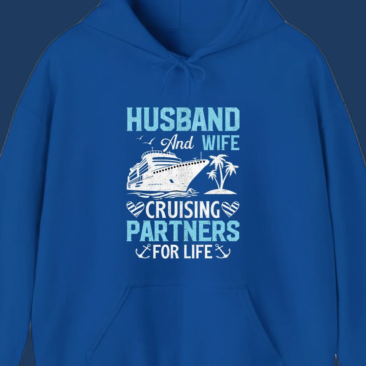 Vintage-style cruise ship with palm trees and ocean waves, text reading 'Husband and Wife Cruising Partners For Life' with decorative anchors and hearts