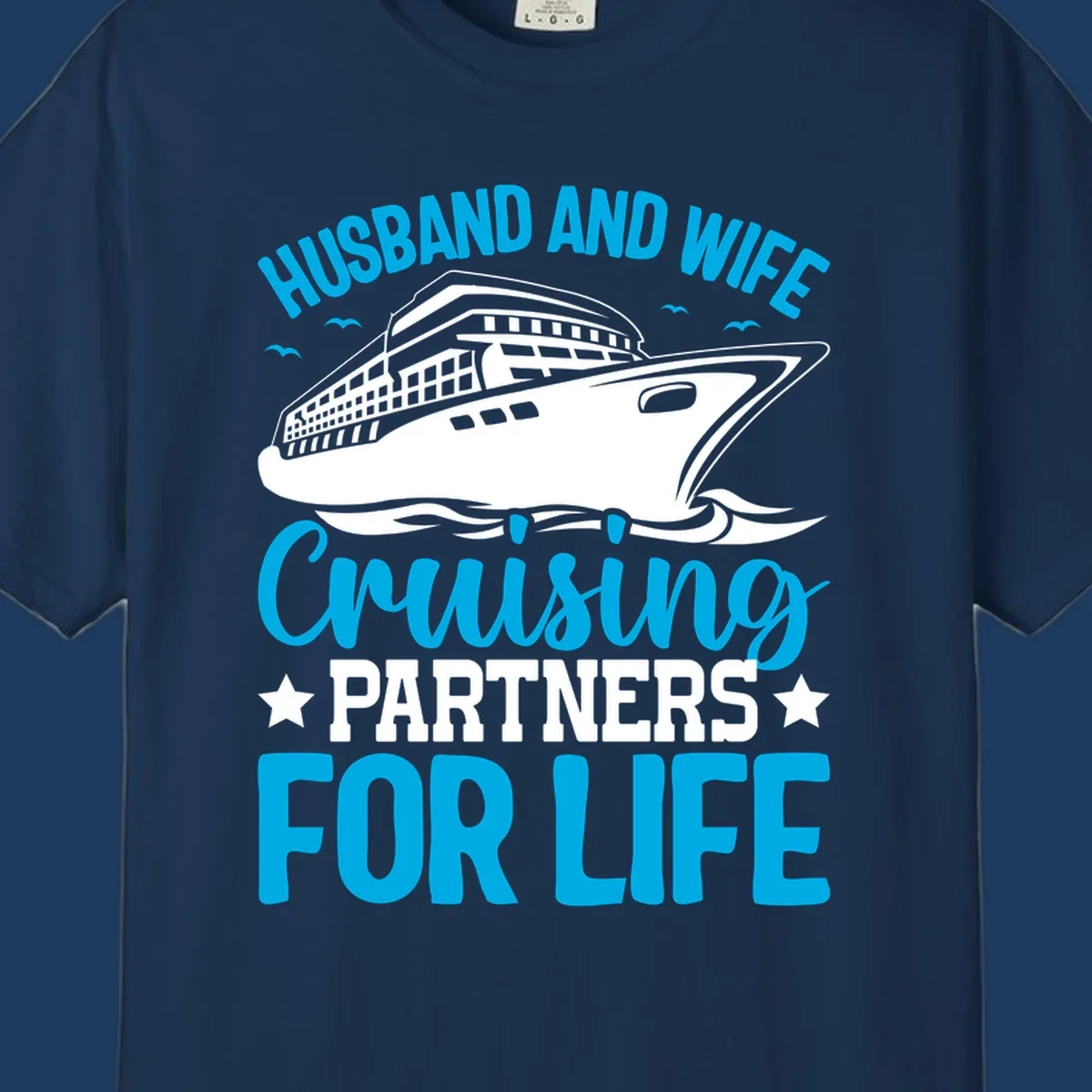 Cruise ship illustration with text reading 'Husband and Wife Cruising Partners for Life' in blue and white on gray background