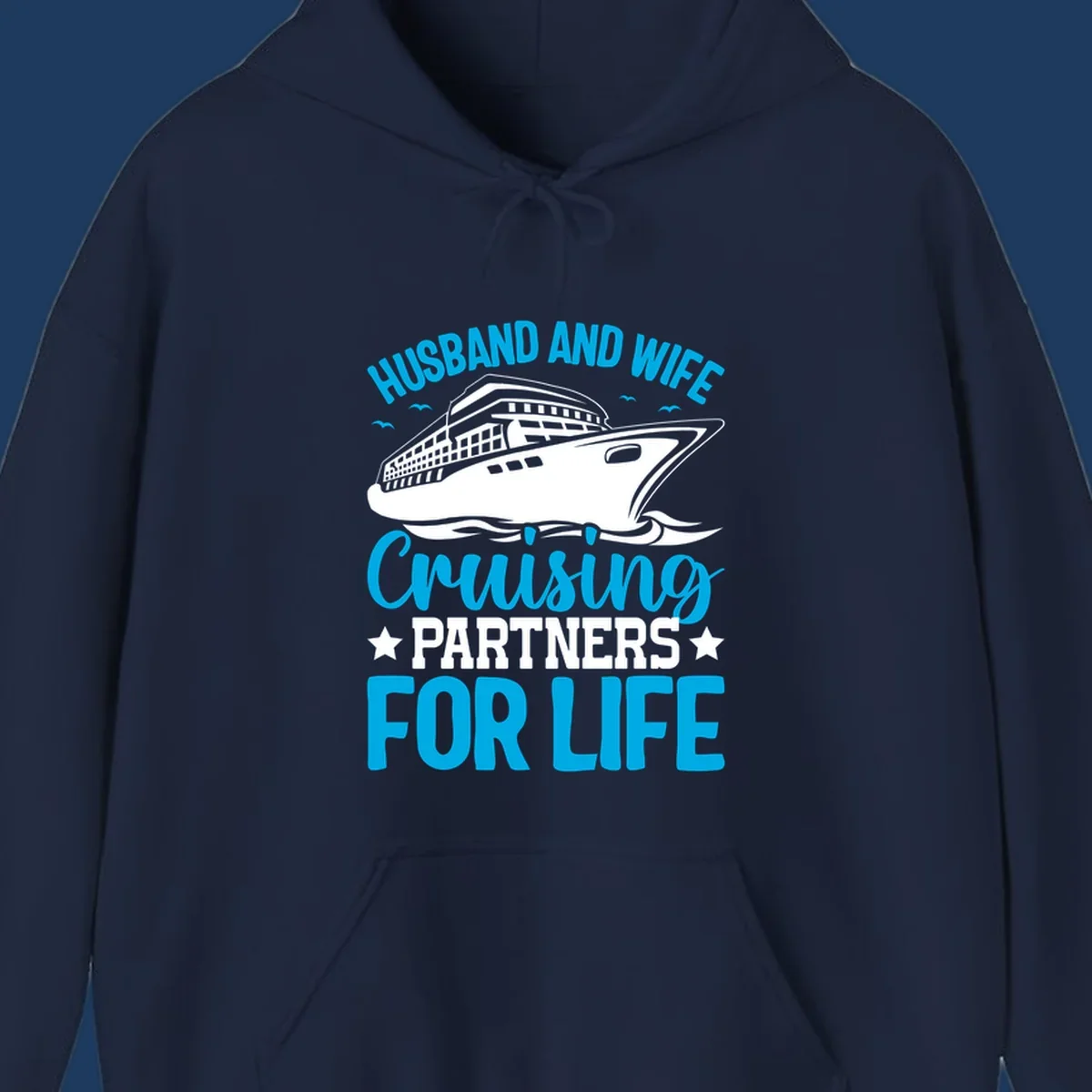Cruise ship illustration with text reading 'Husband and Wife Cruising Partners for Life' in blue and white on gray background