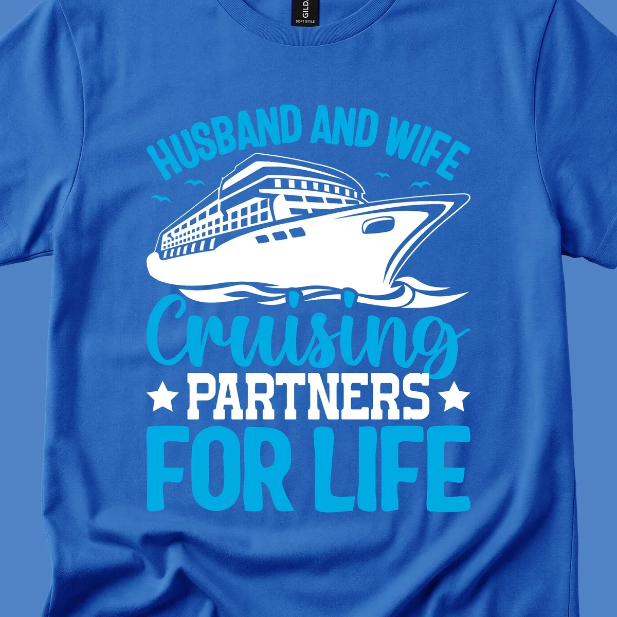 Cruise ship illustration with text reading 'Husband and Wife Cruising Partners for Life' in blue and white on gray background