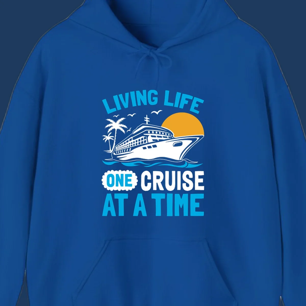 Cruise ship with palm trees and sun illustration with 'Living Life One Cruise At A Time' text design