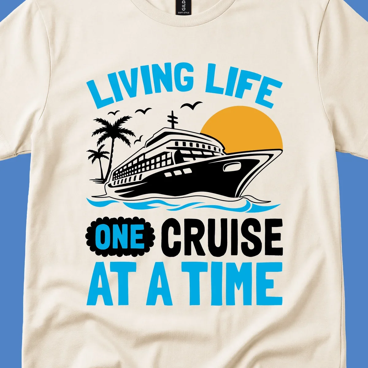 Cruise ship with palm trees and sun illustration with 'Living Life One Cruise At A Time' text design