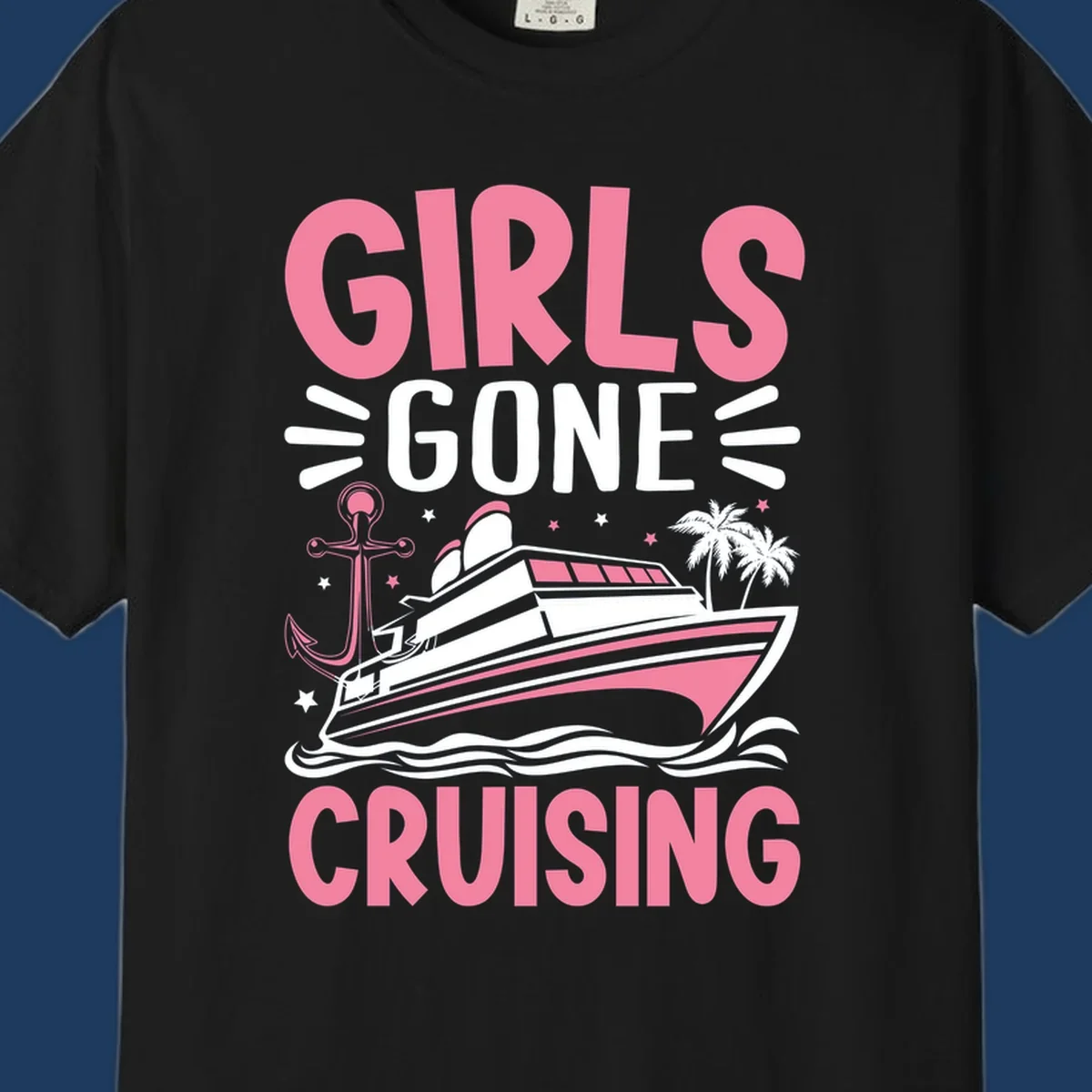Girls Gone Cruising design with pink text, luxury yacht, anchor, palm trees, stars, and waves on gray background