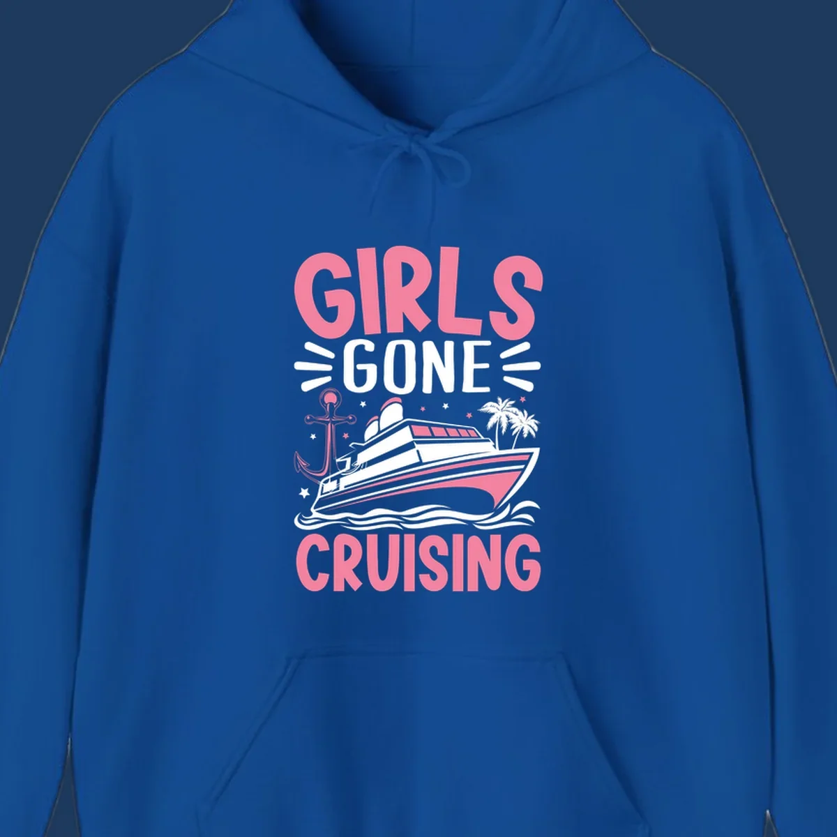 Girls Gone Cruising design with pink text, luxury yacht, anchor, palm trees, stars, and waves on gray background