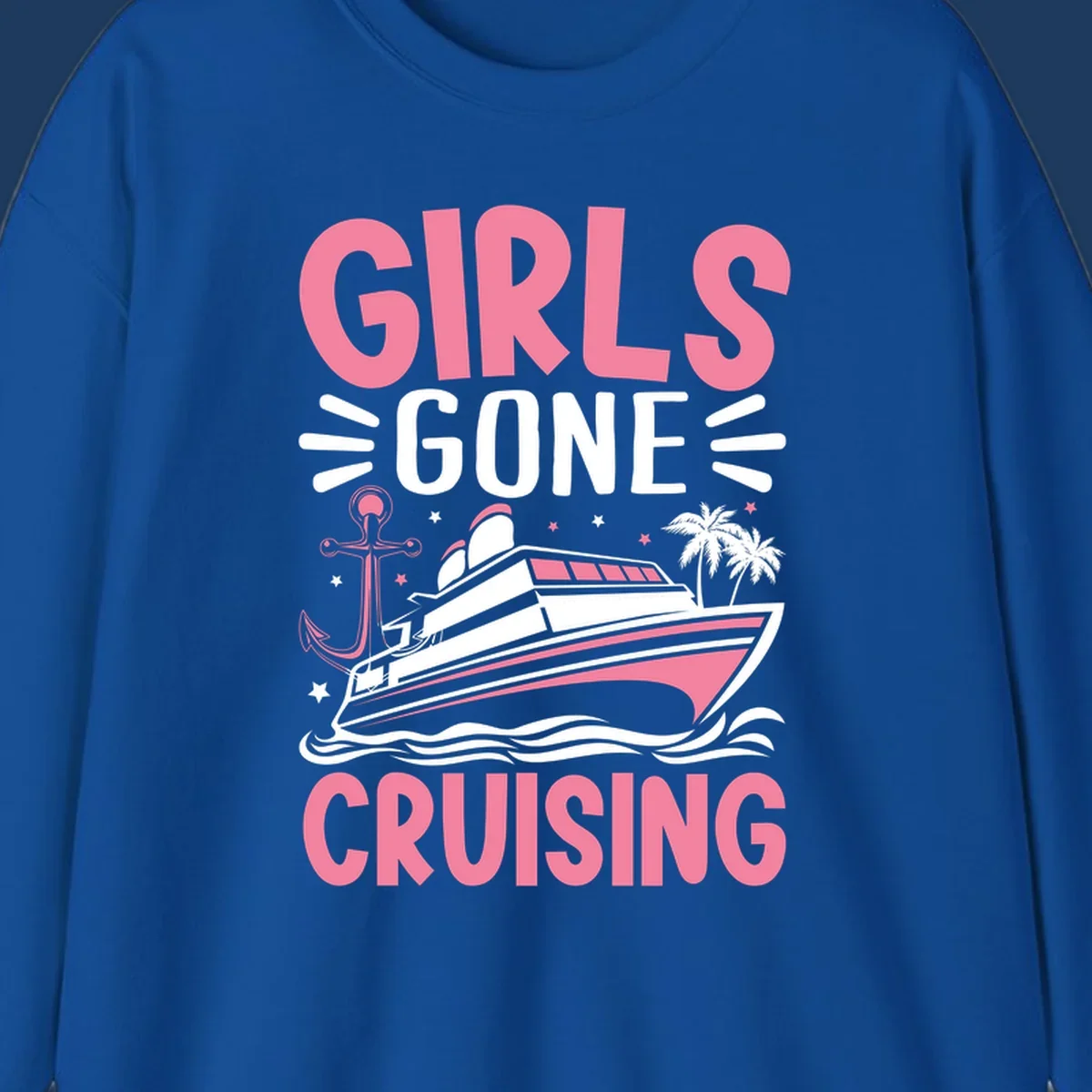 Girls Gone Cruising design with pink text, luxury yacht, anchor, palm trees, stars, and waves on gray background