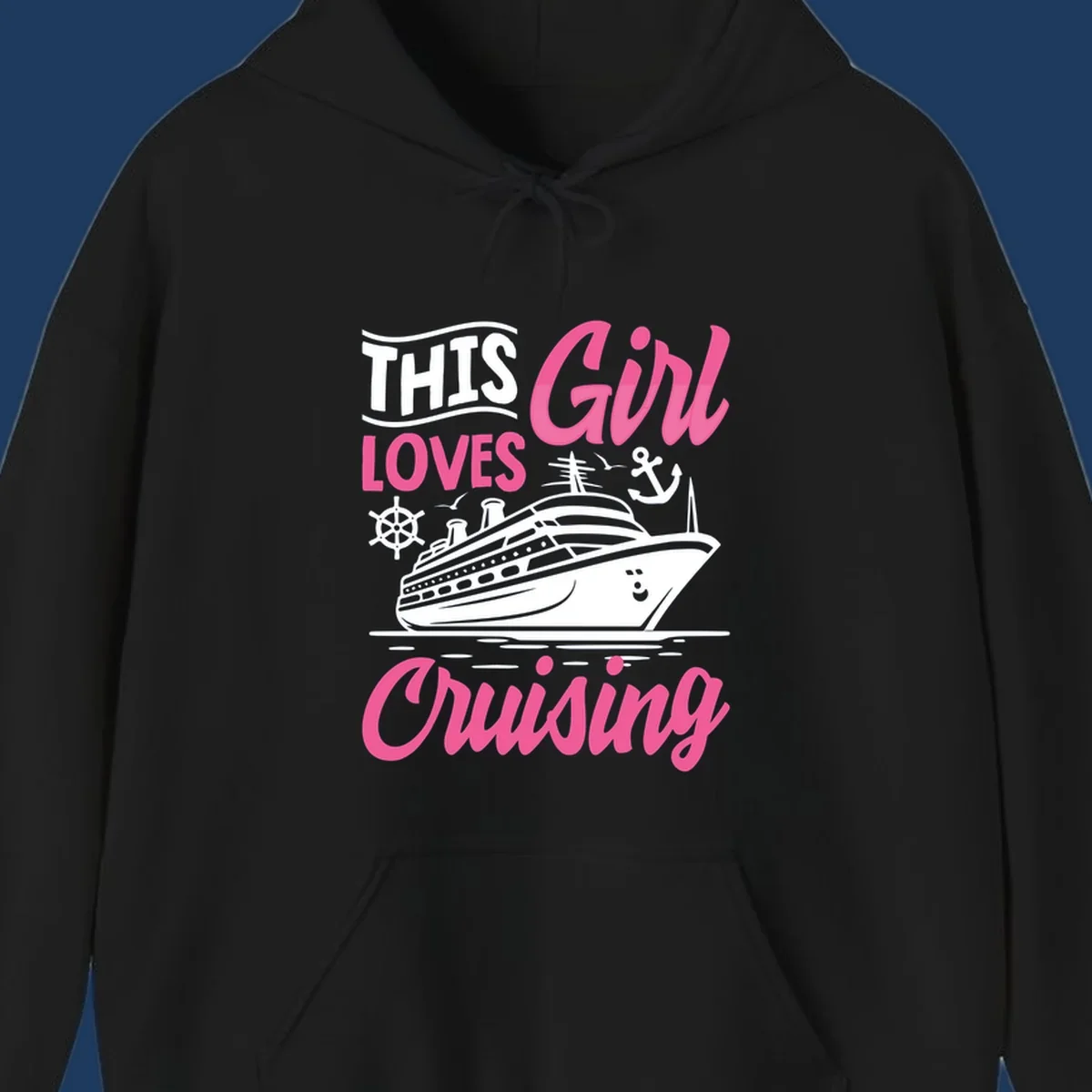 Girl loves cruising design with cruise ship, anchor, and wheel on gray background with pink and white text
