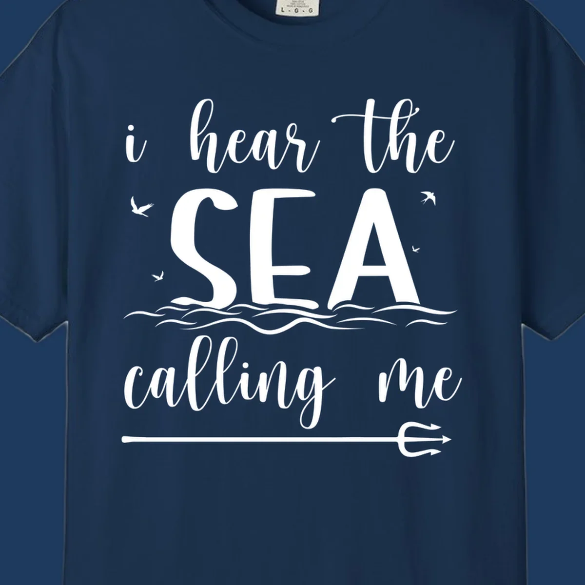 Sea-calling-cruise design with elegant script text 'I hear the sea calling me' surrounded by ocean waves, seagulls, and anchor illustration on gray background