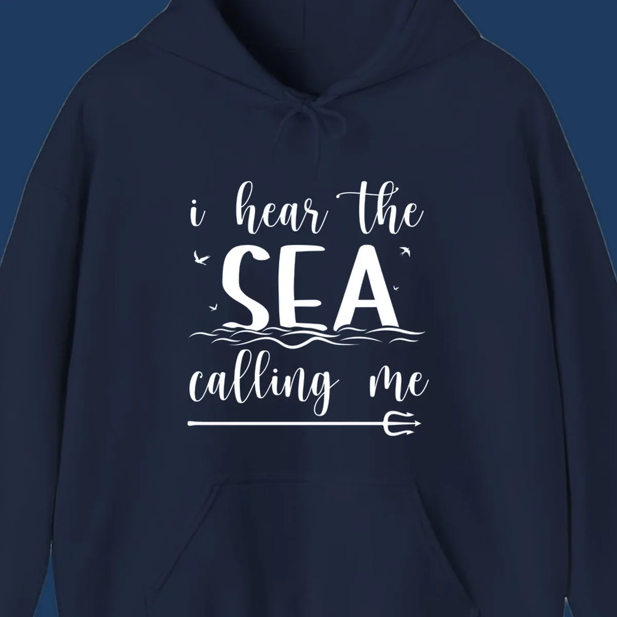 Sea-calling-cruise design with elegant script text 'I hear the sea calling me' surrounded by ocean waves, seagulls, and anchor illustration on gray background