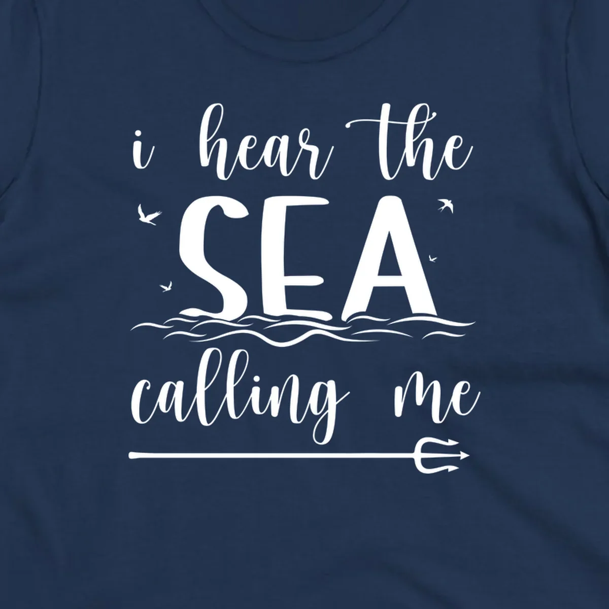 Sea-calling-cruise design with elegant script text 'I hear the sea calling me' surrounded by ocean waves, seagulls, and anchor illustration on gray background