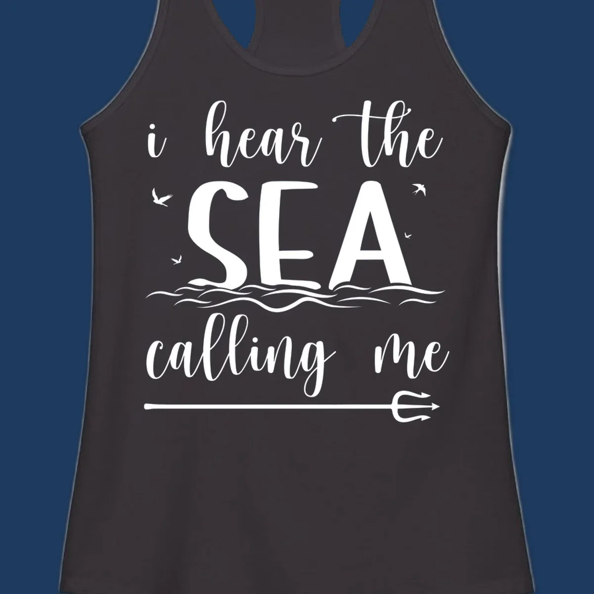 Sea-calling-cruise design with elegant script text 'I hear the sea calling me' surrounded by ocean waves, seagulls, and anchor illustration on gray background