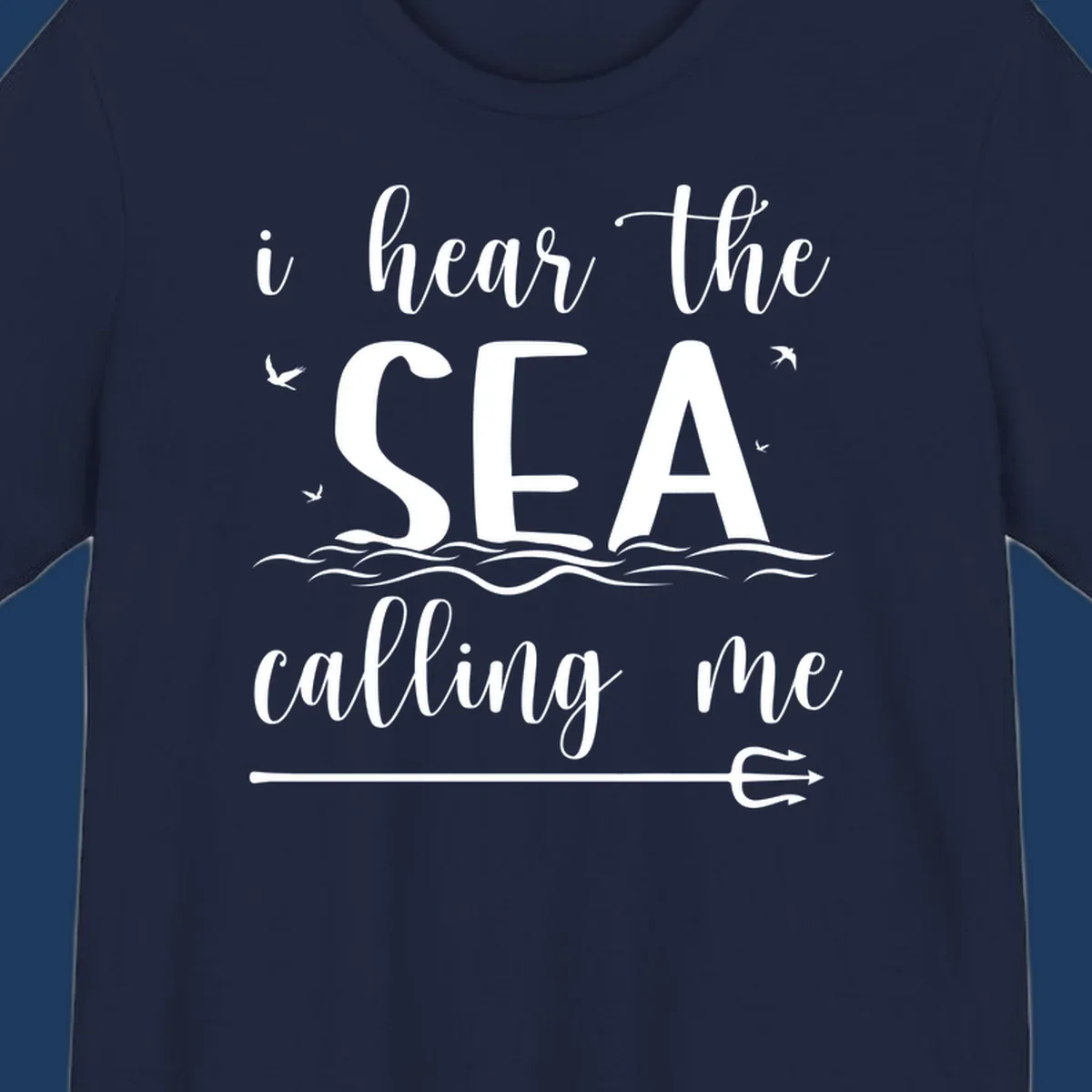 Sea-calling-cruise design with elegant script text 'I hear the sea calling me' surrounded by ocean waves, seagulls, and anchor illustration on gray background