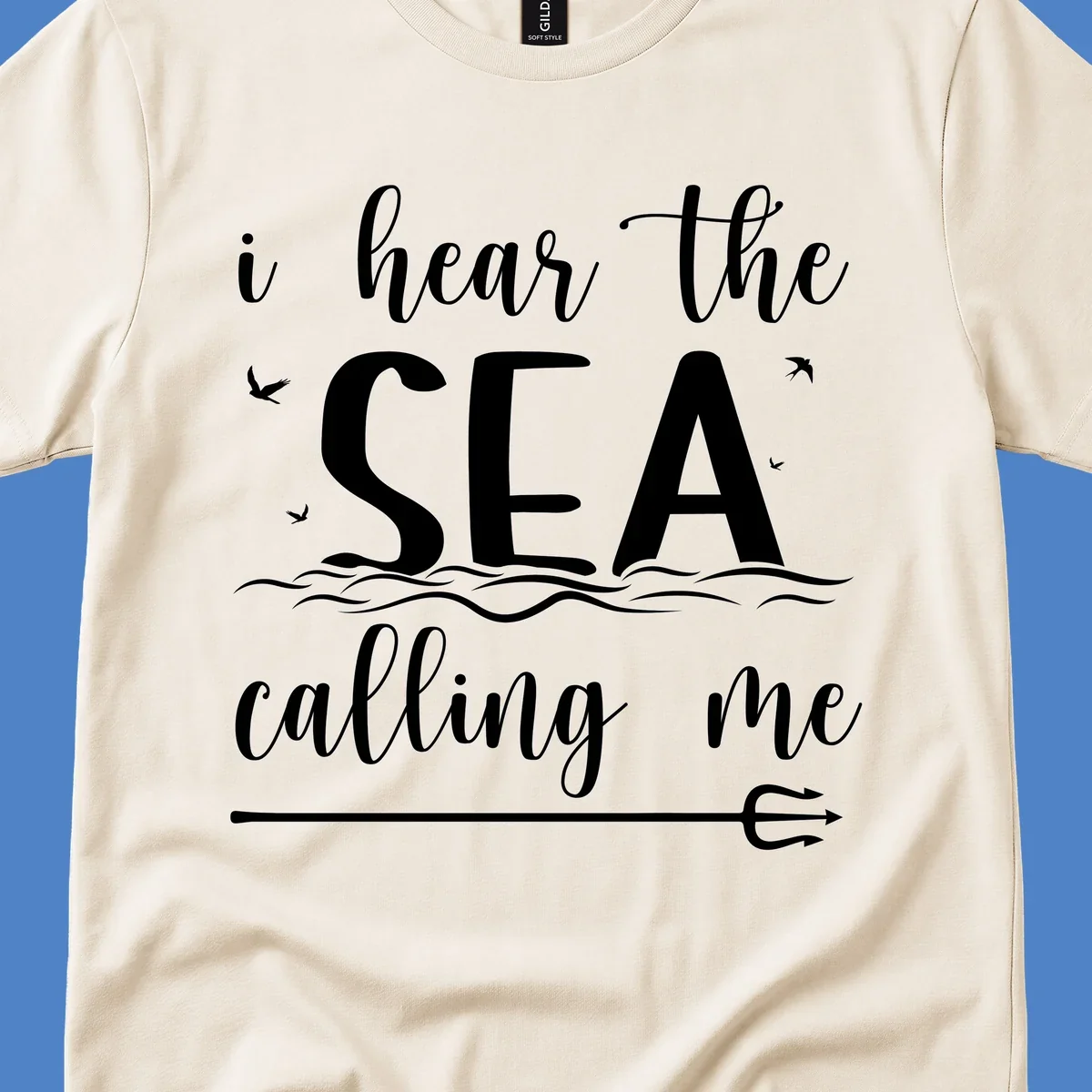 Sea-calling-cruise design with elegant script text 'I hear the sea calling me' surrounded by ocean waves, seagulls, and anchor illustration on gray background