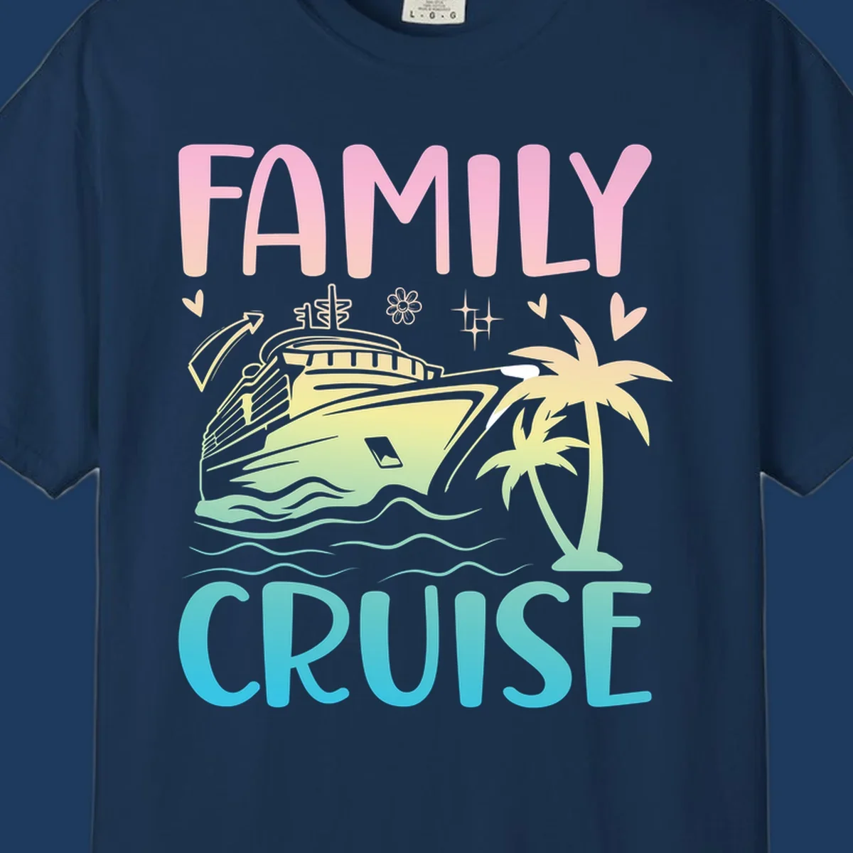 Family cruise vacation design with pink text, illustrated cruise ship, palm trees, ocean waves, and tropical decorative elements on gradient background.